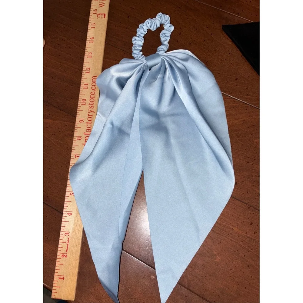 Satin Oversized Hair Bow Barrette & Scarf Scrunchie Set Black Light Blue 2pc‎